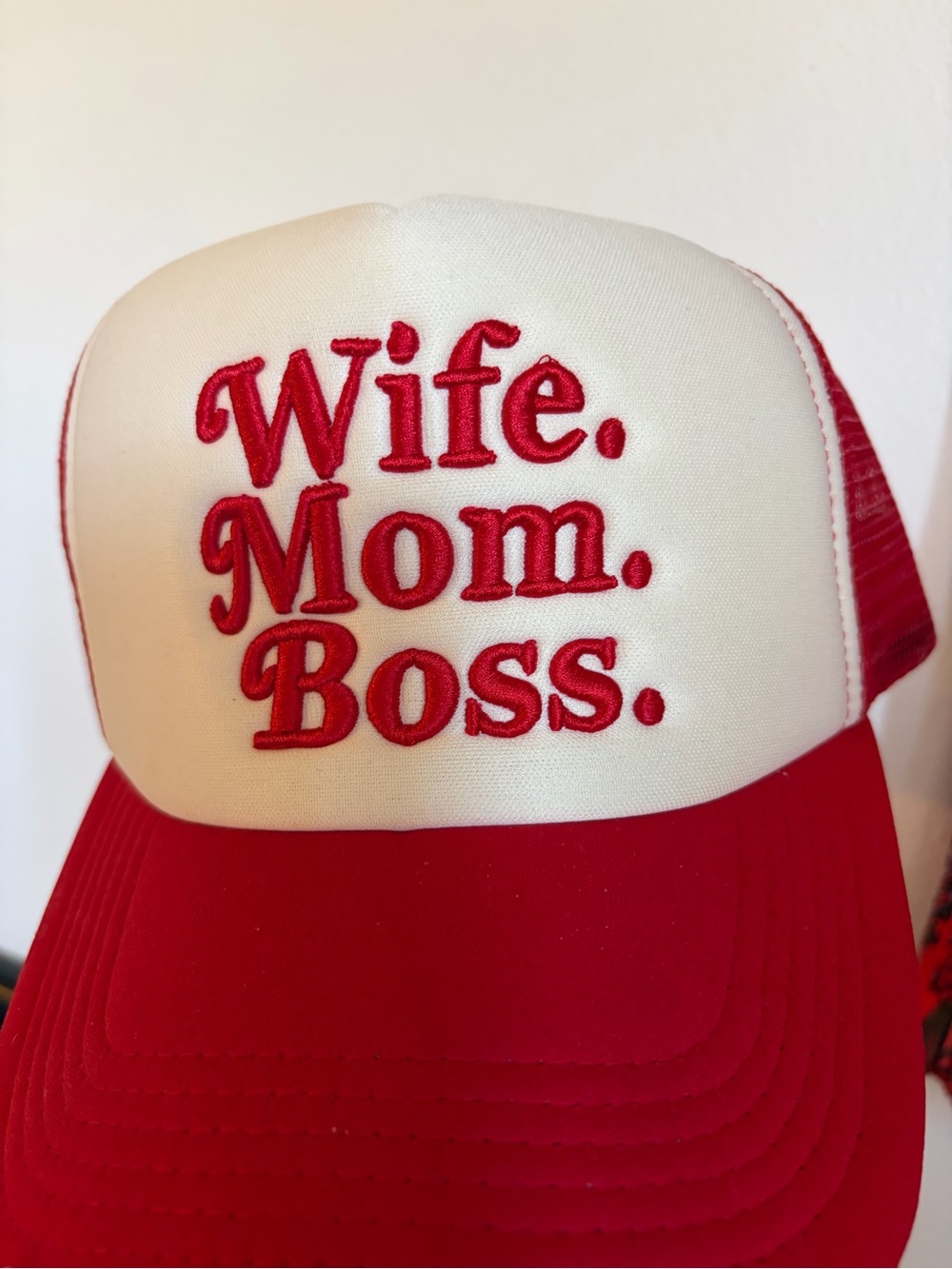 Wife. Mom. Boss. Red and White Trucker Hat